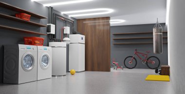 Özel evler için modern bir hava-su ısı pompası ısıtma sistemi, 3 boyutlu illüstrasyon