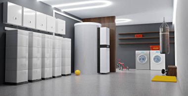 A modern grid-connected solar plant system for private households, 3D illustration