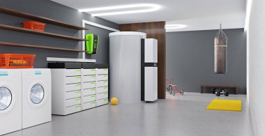 A modern grid-connected solar plant system for private households, 3D illustration