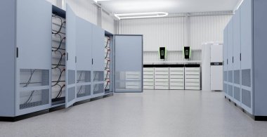 A modern battery storage for small business, 3D illustration
