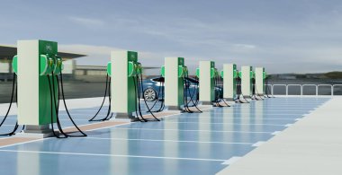 Otoparkta EV şarj noktası, 3 boyutlu illüstrasyon