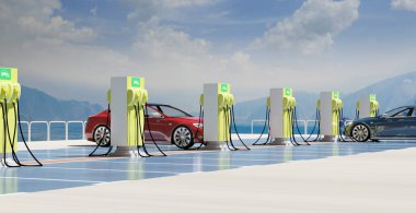 Otoparkta EV şarj noktası, 3 boyutlu illüstrasyon