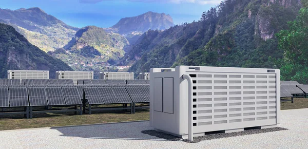 Vahşi doğada pil deposu olan modern bir solarfield, 3 boyutlu illüstrasyon