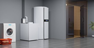 Özel evler için modern bir hava-su ısı pompası ısıtma sistemi, 3 boyutlu illüstrasyon