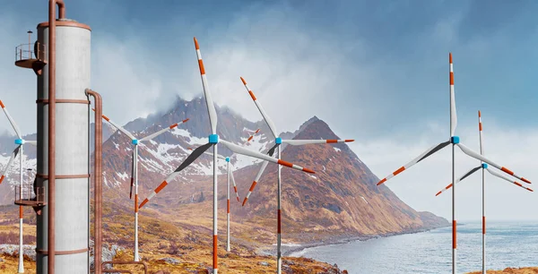 Symbolisch Beeld Voor Nieuwe Technologie Oude Technologie Een Moderne Windturbines — Stockfoto