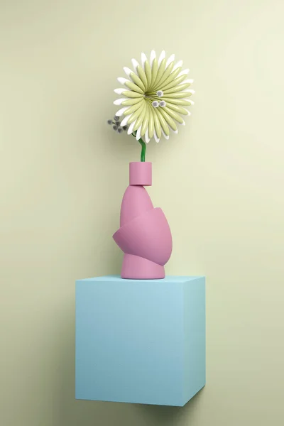 Ilustração Com Vida Morta Simples Uma Flor Plástica Vaso Futurista — Fotografia de Stock