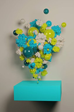 Klasik bir arkaplan önünde farklı geometrik figürlere sahip soyut üç boyutlu illüstrasyon