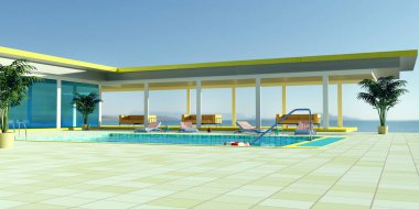 Deniz manzaralı bir otel havuzu.