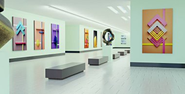 Tuvali ve plastiği olan bir sanat galerisi, 3 boyutlu resimleme