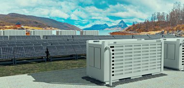 Vahşi doğada pil deposu olan modern bir solarfield, 3 boyutlu illüstrasyon