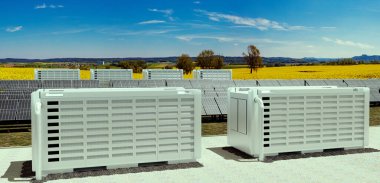 Vahşi doğada pil deposu olan modern bir solarfield, 3 boyutlu illüstrasyon