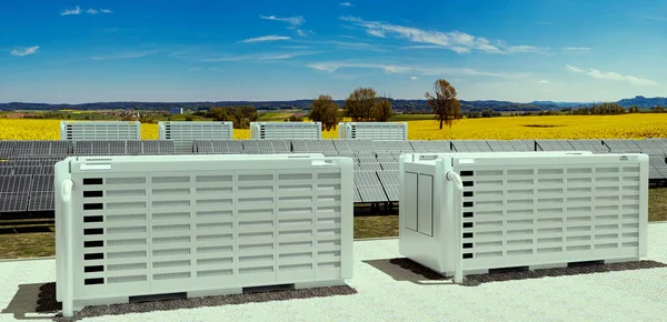 Een Modern Zonneveld Met Batterijopslag Wilde Natuur Illustratie — Stockfoto