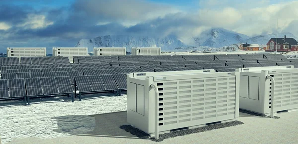 Solarfield Moderno Con Almacenamiento Baterías Naturaleza Salvaje Ilustración —  Fotos de Stock