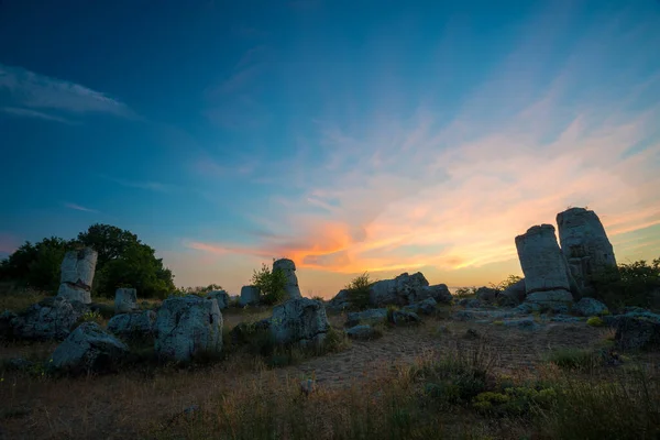 Beautyful Sunrise Stone Desert Pobiti Kamani Fabulous Rock Phenomenon Varna — Stock Photo, Image