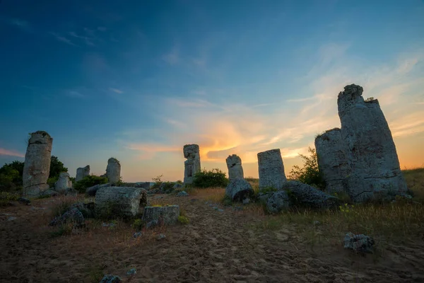 Beautyful Sunrise Stone Desert Pobiti Kamani Fabulous Rock Phenomenon Varna — Stock Photo, Image