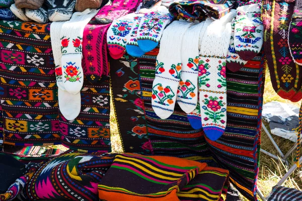 Traditional Bulgarian Hand Knitted Woolen Patterned Socks Crafts Concept — Stock Photo, Image