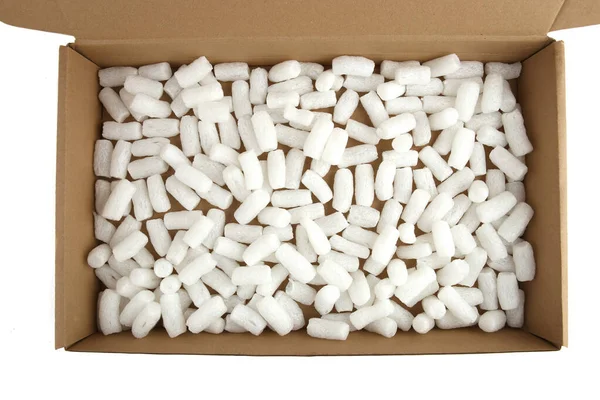 Styrofoam Packing Peanuts Cardboard Box Isolated White Background White Plastic — стоковое фото