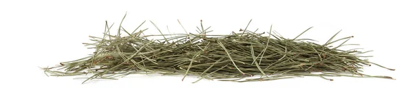 白い背景に孤立した松の針の山 緑の針葉樹の針のヒープ ストック画像