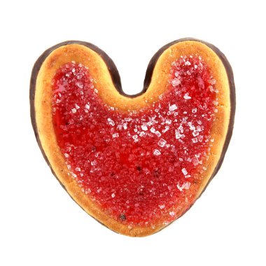 Jöleli kalp kurabiyesi ve beyaz arka planda izole edilmiş çikolata..