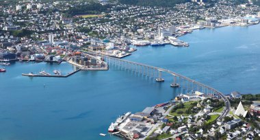 Panoramic view of Tromso city from Mt. Storsteinen in summer, northen Norway. A famous view from the top of fjellheisen, Tromso.