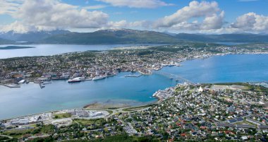 Panoramic view of Tromso city from Mt. Storsteinen in summer, northen Norway. A famous view from the top of fjellheisen, Tromso.