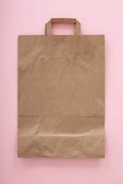 Folded Paper Bag Handle Pink Background Layout Advertising High Quality — Stock Photo, Image