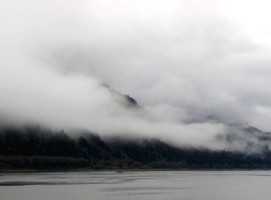 Güzel sisli Juneau, Alaska manzarası.
