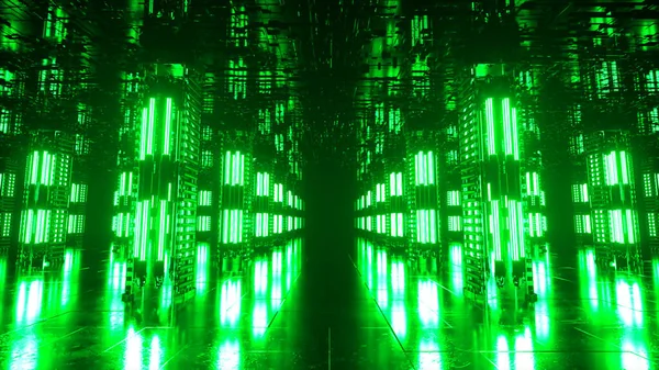 Ein Langer Futuristischer Korridor Mit Technologischem Interieur Neonlicht Bewegt Sich — Stockfoto