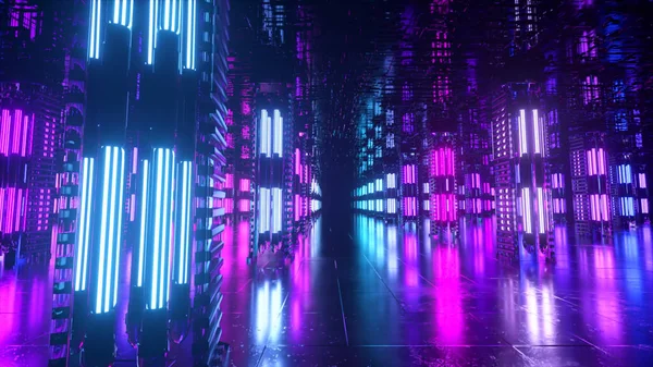 Lungo Corridoio Futuristico Con Interni Tecnologici Luce Neon Rapido Movimento — Foto Stock