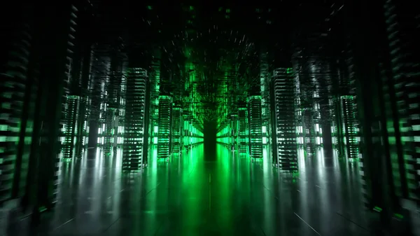 Egy Hosszú Futurisztikus Folyosó Technológiai Belsővel Neonfény Gyorsan Mozog Alagút — Stock Fotó