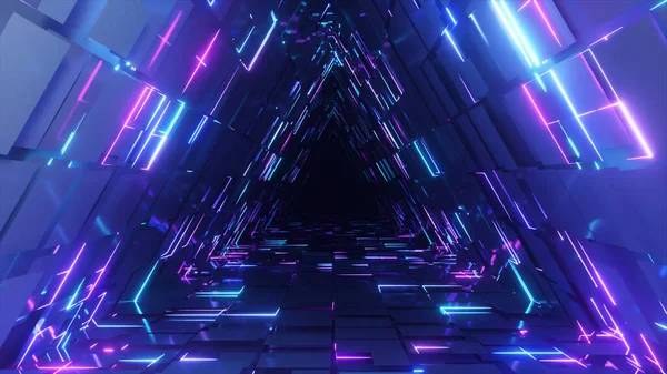 概要ネオン三角形トンネル技術 無限のアニメーションの背景 現代のネオン 明るいネオンライン シームレスループ3Dレンダリング — ストック写真