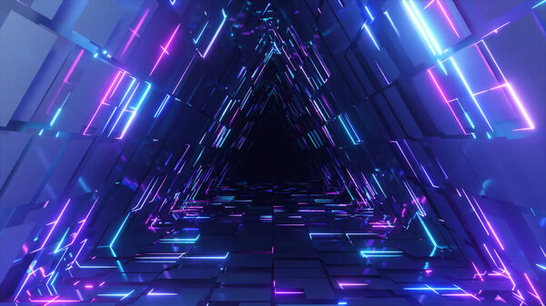 Абстрактный неоновый треугольный туннель. Бесконечный анимированный фон. Современный неоновый свет. Яркие неоновые линии. Бесшовный трехмерный рендер
