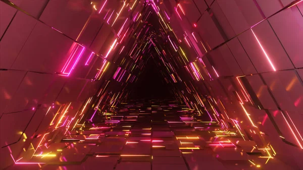 Abstract neon triangle tunnel technological. Endless animated background. Modern neon light. Bright neon lines. Seamless loop 3d render