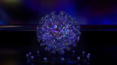 Dönen elmas 3d Corona virüsü. Neon ışıkları. Camdan 3 boyutlu model. Kusursuz döngü canlandırması.