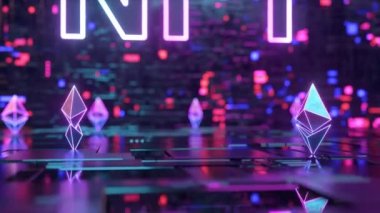 Dijital veri iletim odasını engelleyin. Kripto para birimleri Ethereum ile NFT karşılanamaz neon kavramı. Dijital varlıkları, koleksiyonu ve kripto sanatını satın almanın yeni bir yolu. 3d hazırlayıcı