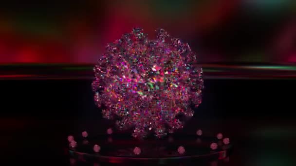 Rotierendes Diamant 3D Corona Virus. Neonbeleuchtung. Glas 3D-Modell. Nahtlose Schleifenanimation. — Stockvideo