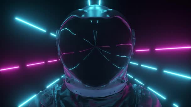 Astronauta em neon space close-up. Raios brilhantes de néon voam. animação 3d de um laço sem costura. — Vídeo de Stock