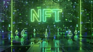 Dijital veri iletim odasını engelleyin. Kripto para birimleri Ethereum ile NFT karşılanamaz neon kavramı. Dijital varlıkları, koleksiyonu ve kripto sanatını satın almanın yeni bir yolu. 3d hazırlayıcı