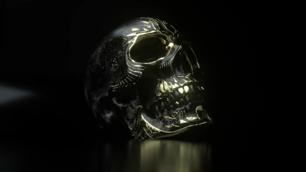 Ludzka czaszka ze złotymi akcentami. Przerażenie i halloween koncepcja strachu. Animacja 3D — Wideo stockowe