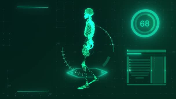Technológiai koncepció. Egy csontváz sétáló 3D-s modellje a technológia hátterében. Zöld szín. 3D animáció — Stock videók