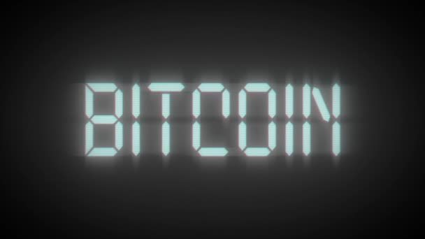 Iscrizione Bitcoin su sfondo nero. Colore bianco blu. Caratteri digitali. Animazione 3D di un loop senza soluzione di continuità — Video Stock