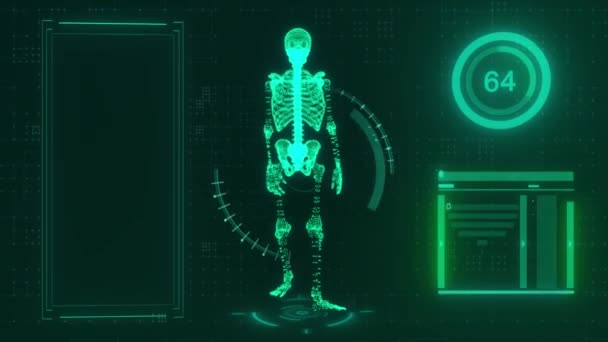 Conceito tecnológico. Caminhando modelo 3d de um esqueleto no fundo da tecnologia. Cor verde. animação 3d — Vídeo de Stock