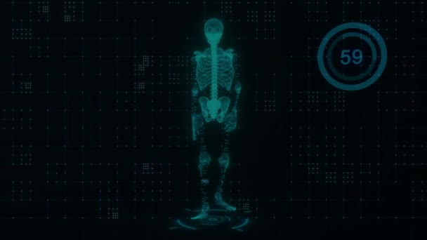 Technological concept. Walking 3d model of a skeleton on the background of technology. Green color. 3d animation — Stock Video