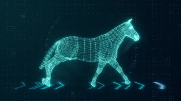 Technologisches Konzept. Das Laufen eines Pferdes vor dem Hintergrund der Technologie. Blaue Farbe. 3D-Animation einer nahtlosen Schleife — Stockvideo