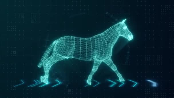 Conceito tecnológico. Corrida de um cavalo no fundo da tecnologia. Cor azul. animação 3d de um laço sem costura — Vídeo de Stock