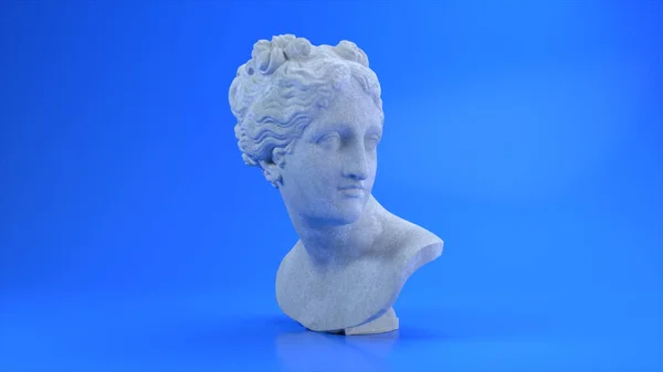 Antigua cabeza rotante de mármol blanco romano de Venus sobre un fondo azul. ilustración 3d —  Fotos de Stock