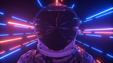Neon uzaydaki astronot yakın plan. Parlak neon ışınları uçup gidiyor. 3d illüstrasyon