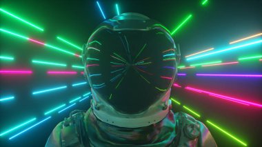 Neon uzaydaki astronot yakın plan. Parlak neon ışınları uçup gidiyor. 3d illüstrasyon