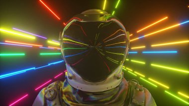 Neon uzaydaki astronot yakın plan. Parlak neon ışınları uçup gidiyor. 3d illüstrasyon