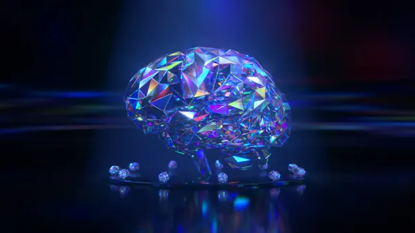 ダイヤモンドの脳は黒い背景で回転します。人工知能の概念。3Dイラスト — ストック写真